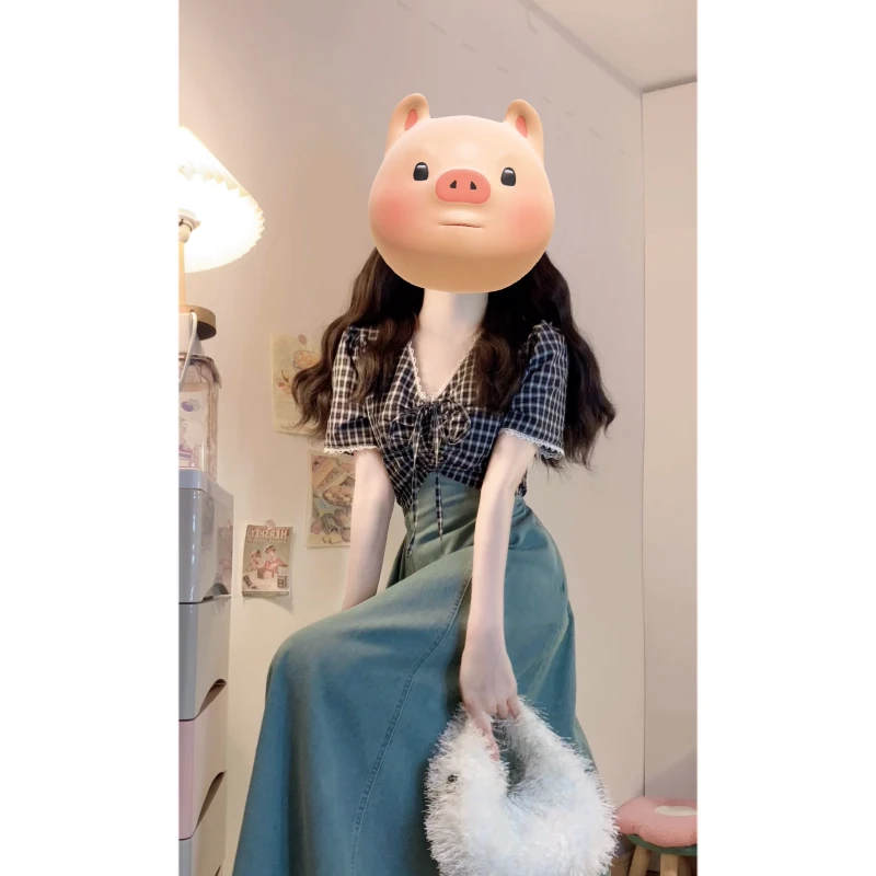 大码女装短袖拼接牛仔绑带连衣裙胖mm夏季新款遮肉收腰显瘦长裙子