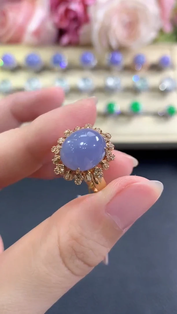 18K金镶嵌戒指翡翠b124紫货有色差