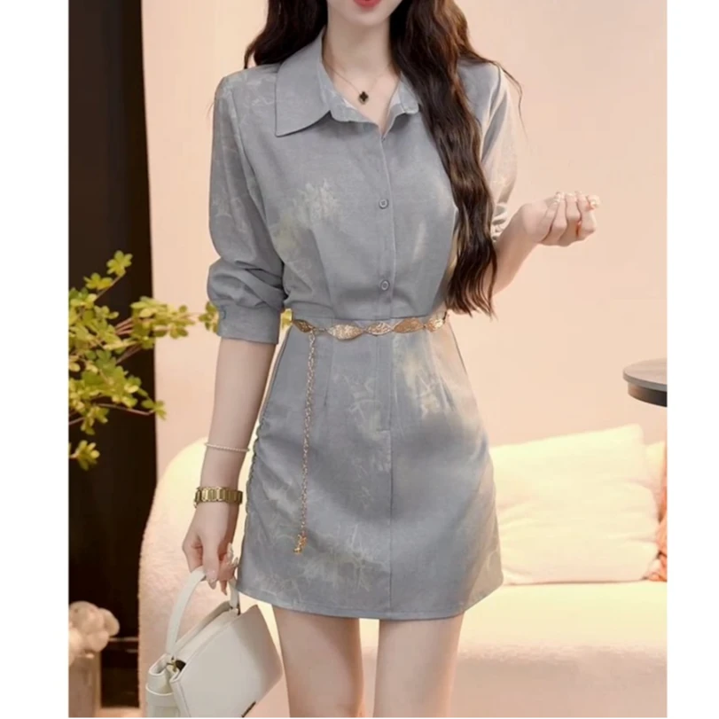 春夏新款【星月海岸】减龄气质复古港风显瘦扎染衬衫收腰连衣裙女