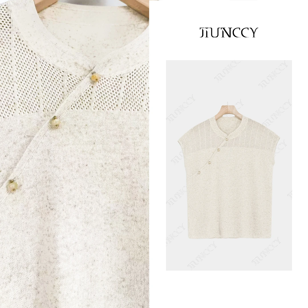 JIUNCCY【写意】亚麻天丝拼镂空中式斜襟设计针织上衣 52YZZ072