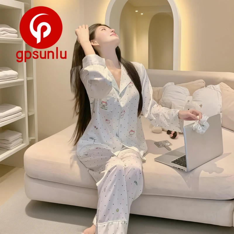 gpsunlu「甜萌日系」春秋款冰丝长袖睡衣女轻奢感千金风夏季家居服