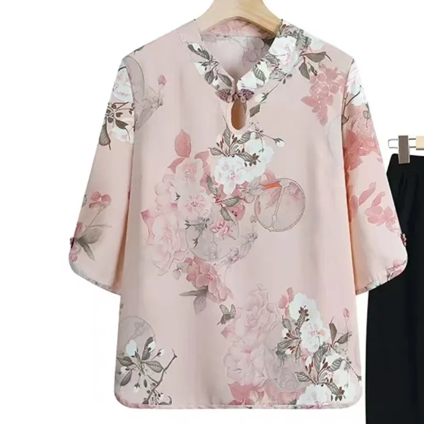 747-复古国风中老年宽松纽扣中式夏季印花T