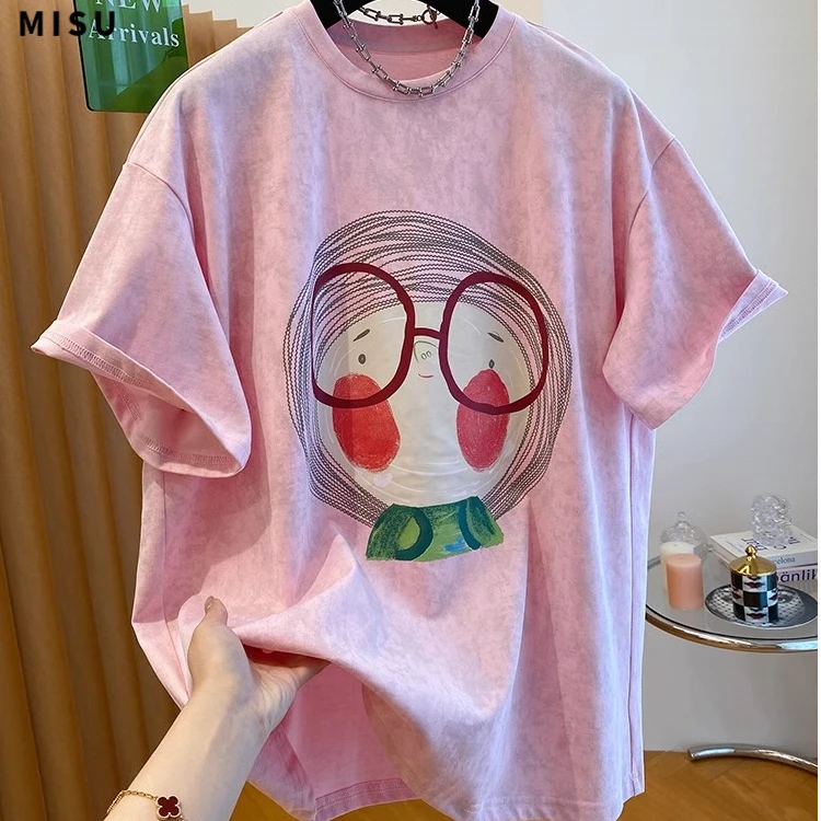 MISU韩系女孩印花粉色t恤女短袖2025新款宽松洋气大版打底衫上衣