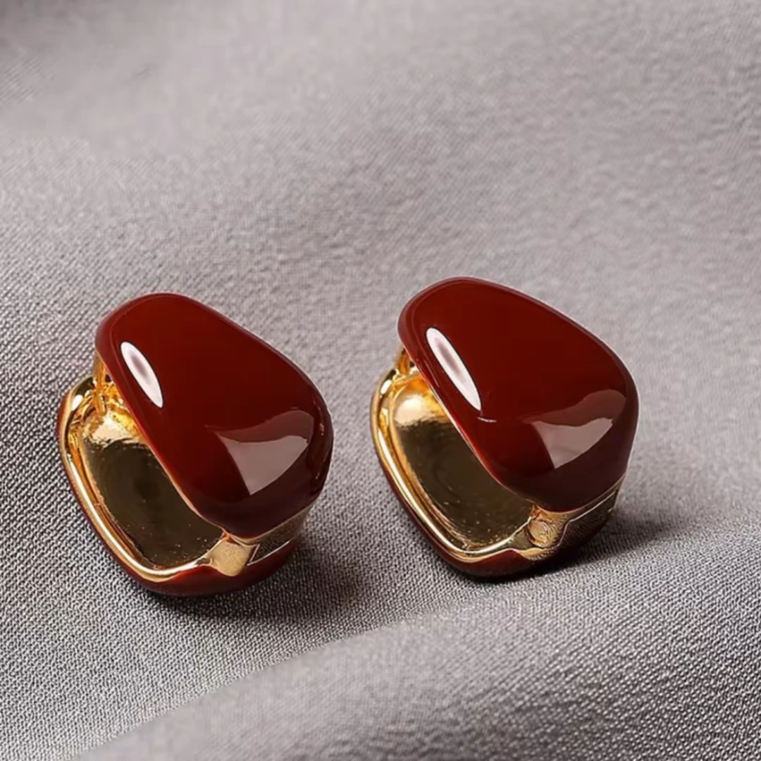 铜合金耳饰 秋冬复古红拼色耳扣女耳环新款耳饰百搭饰品耳环轻奢