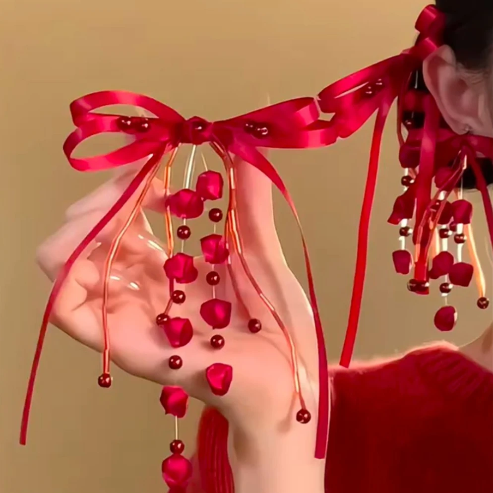 新年喜庆红色蝴蝶结串珠发夹女甜美气质小众高级感秋冬氛围感发饰