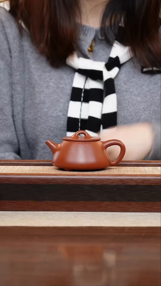 朱泥平盖石瓢180cc宜兴手工紫砂壶