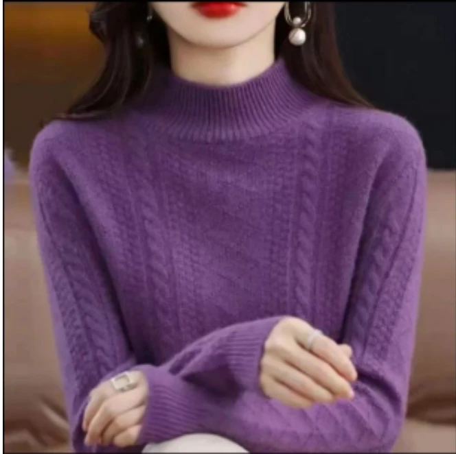 2024秋冬新款纯色半高领羊毛衫女保暖羊毛扭花套头针织打底衫上衣