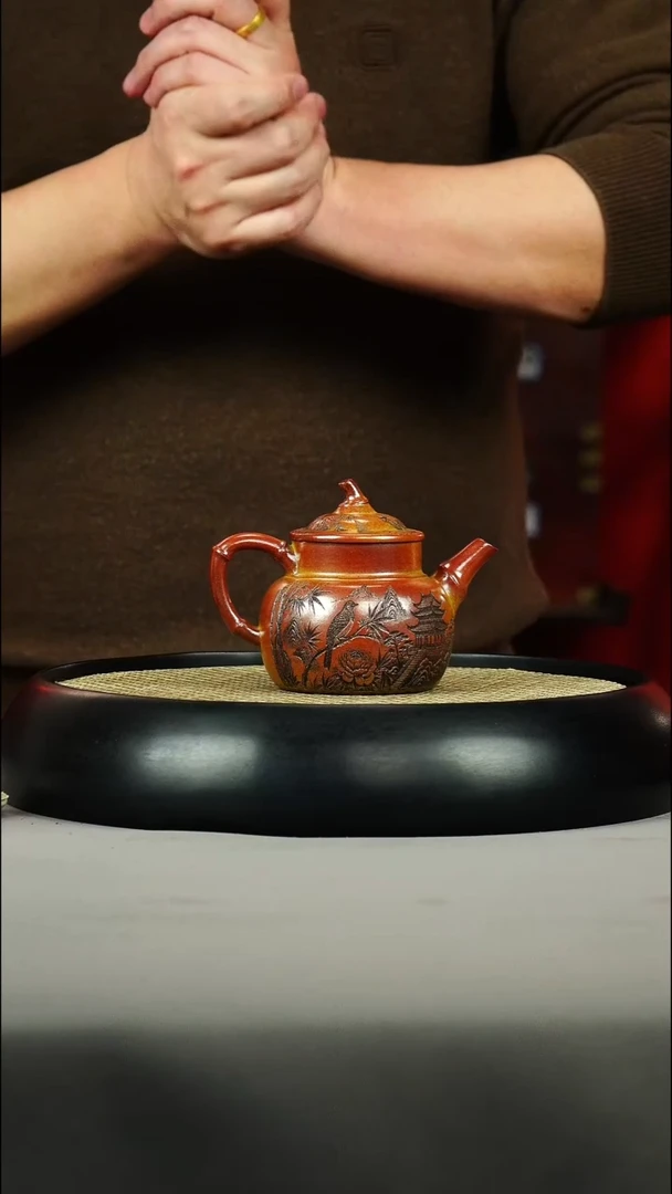 茶壶紫砂赤焰烧 竹段茄瓜 刻绘 喜上枝头 山水