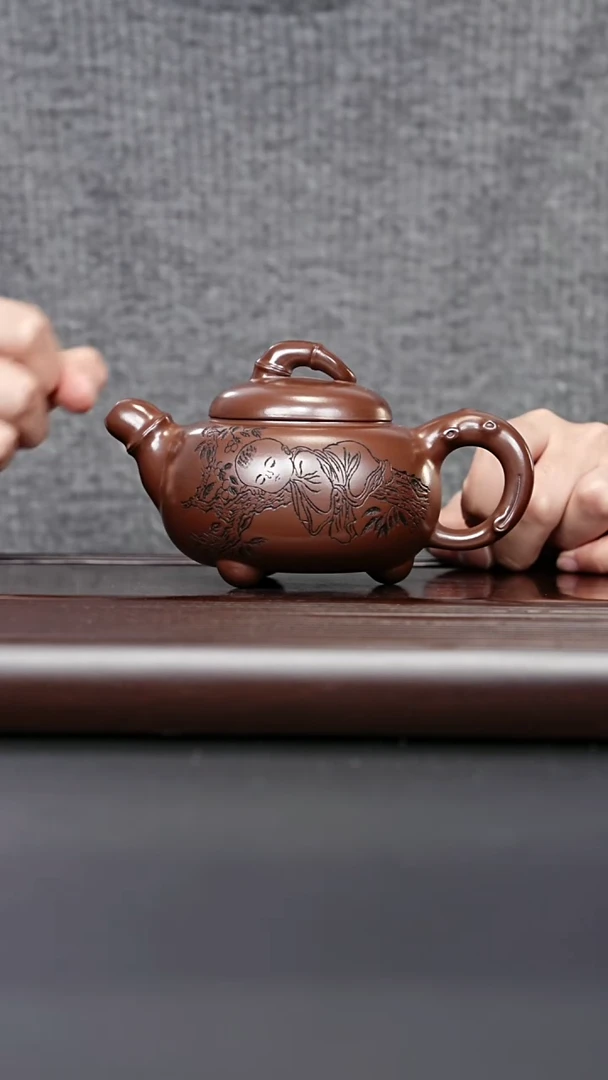 紫砂壶宜兴紫砂 三足竹韵 老紫泥 顾建根