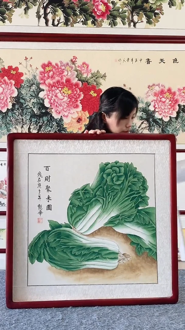 国画实木画框纯手绘国画65*65cm带框装饰挂画