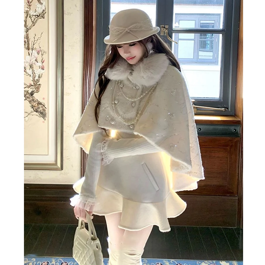 大码秋冬季法式千金贵族公主风毛领斗篷外套+百搭半裙套装10723