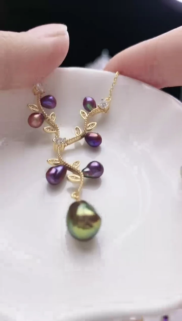 颈饰银S925镶嵌淡水珍珠淡水紫珠吊坠