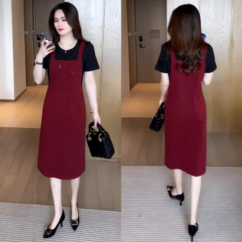 时尚牛仔连衣裙女2025夏季新款拼接假两件背带裙宽松遮肚子中长裙