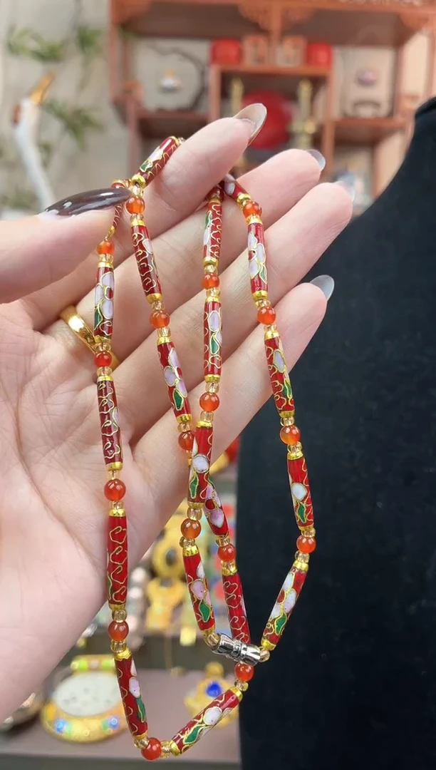 非遗手工景泰蓝竹节项链红色