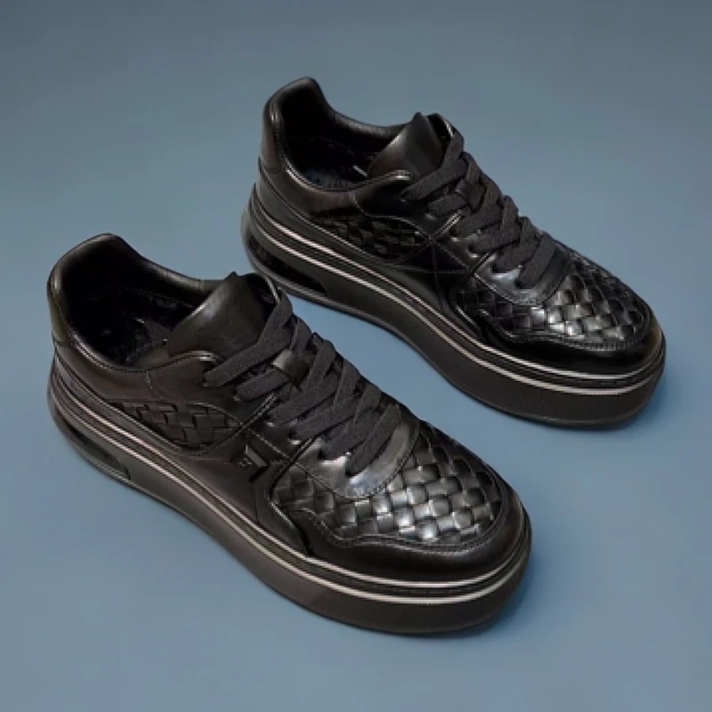 6008-8 R新款男鞋设计感小众潮流厚底休闲板鞋加棉编织百搭小黑鞋