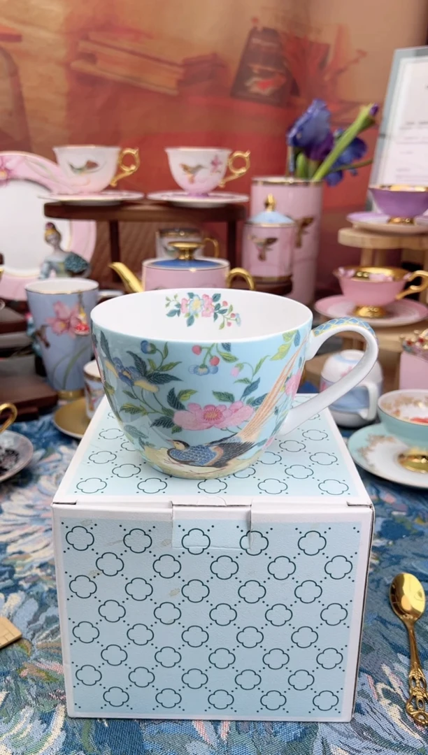 瓷片百鸟和鸣蓝色早餐杯