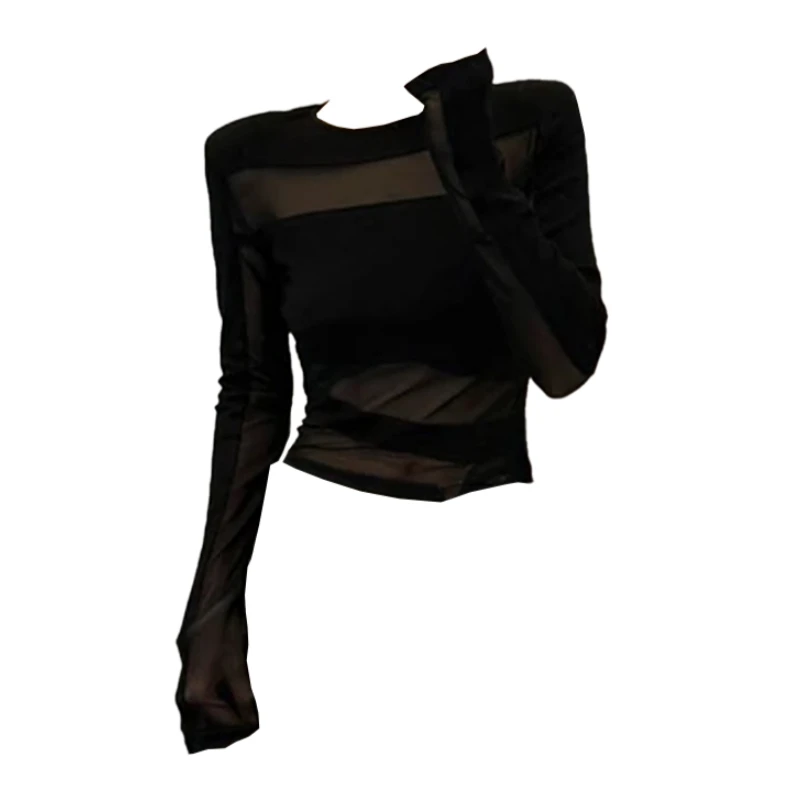 YIDENG美式小众网纱拼接微透长袖女2025早秋辣妹打底衫修身T恤