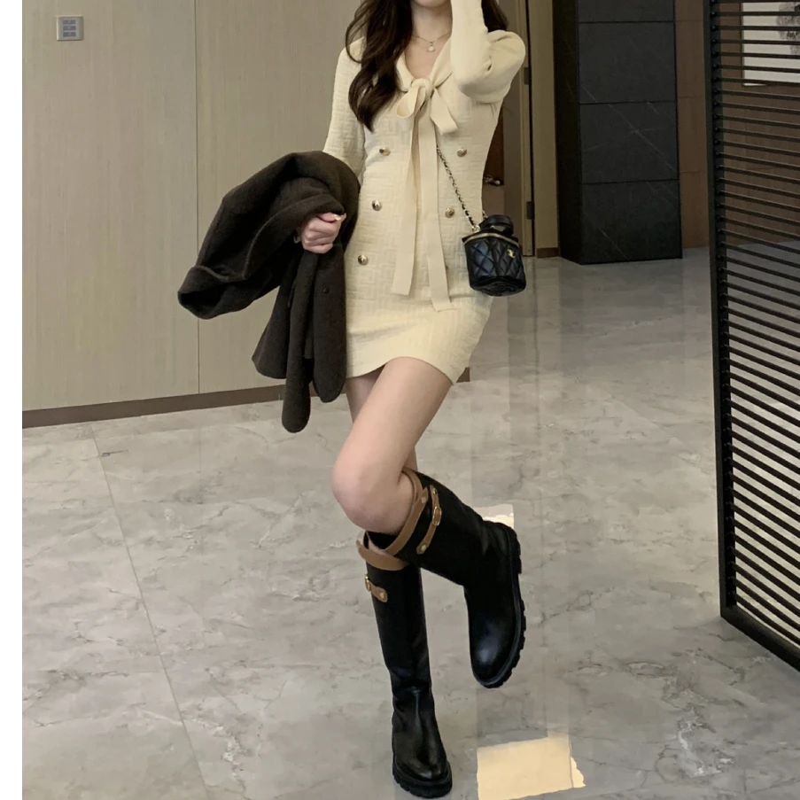 【OYANXI!清清！】【贵气香香】小香长袖针织连衣裙WW-亚221L1418