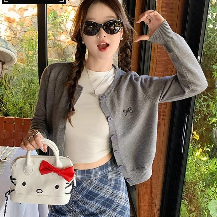 2025春秋冬新款韩系ins短款纯色休闲针织开衫女外套上衣针织衫潮