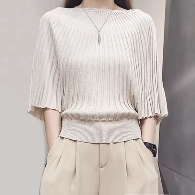 设计感蝙蝠袖针织衫女夏季2025新款韩版修身显瘦时尚休闲圆领上衣