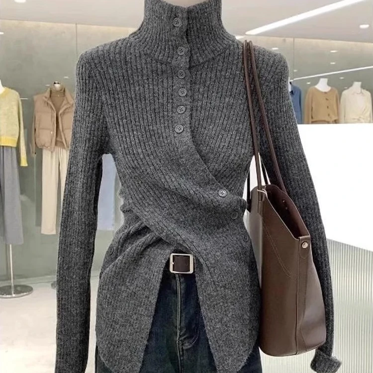 欧货小众灰色高领针织打底衫女秋冬季不规则收腰毛衣内搭开叉上衣