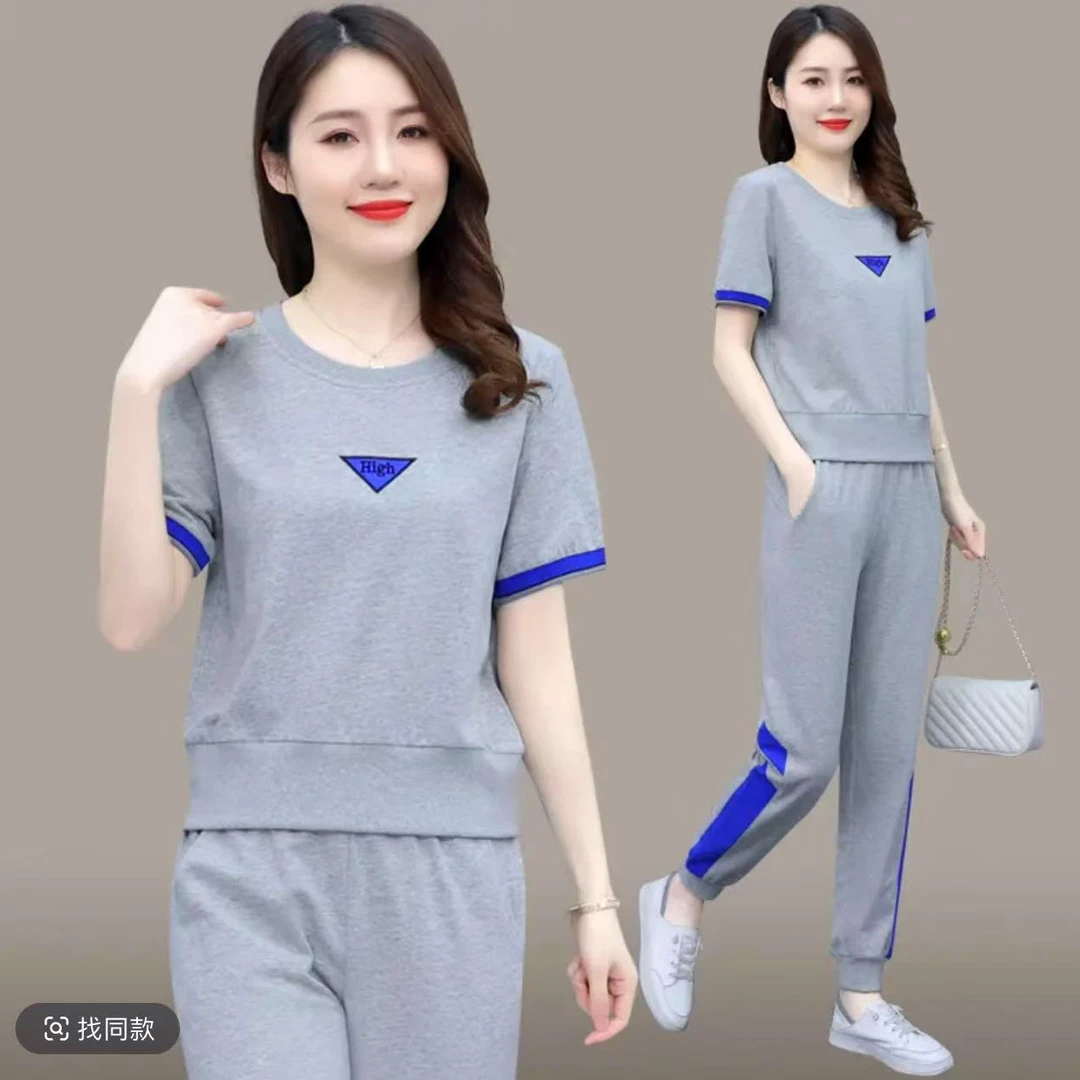 运动套装女夏季圆领短袖长裤薄款时尚休闲减龄宽松两件套618