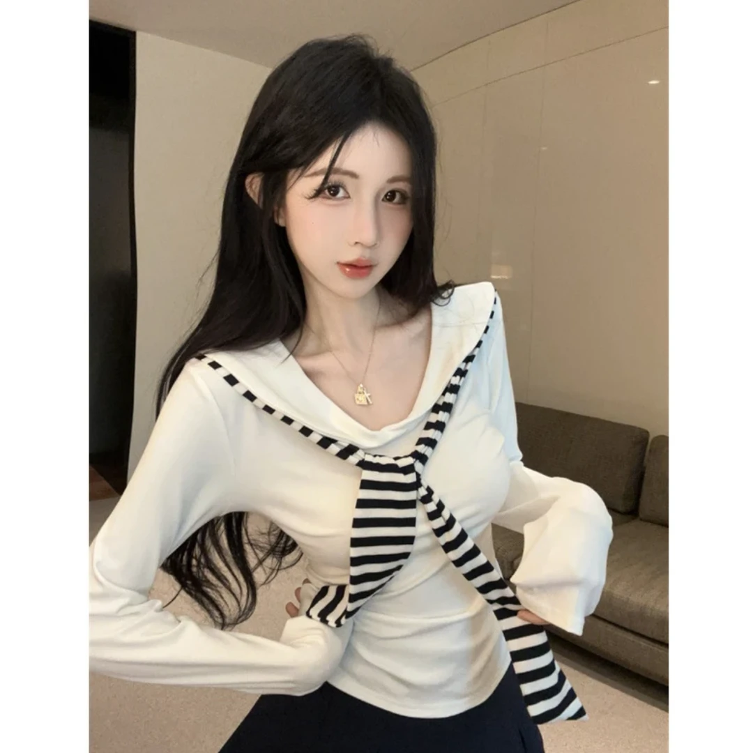 2025秋季新款韩版学院风海军领套头披肩正肩T桖小众设计时尚感