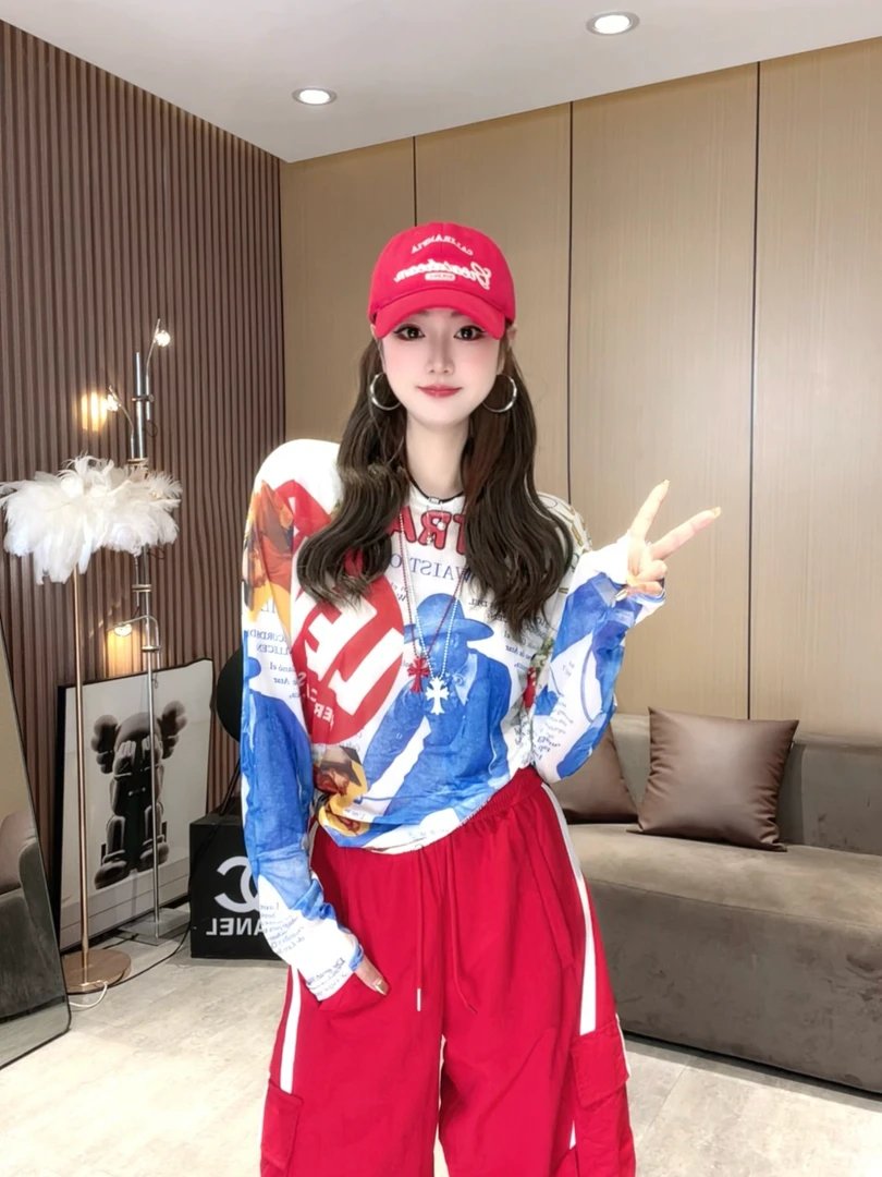 LL220美式复古字母印花长袖T恤 夏季薄款套头时尚网纱罩衫上衣女