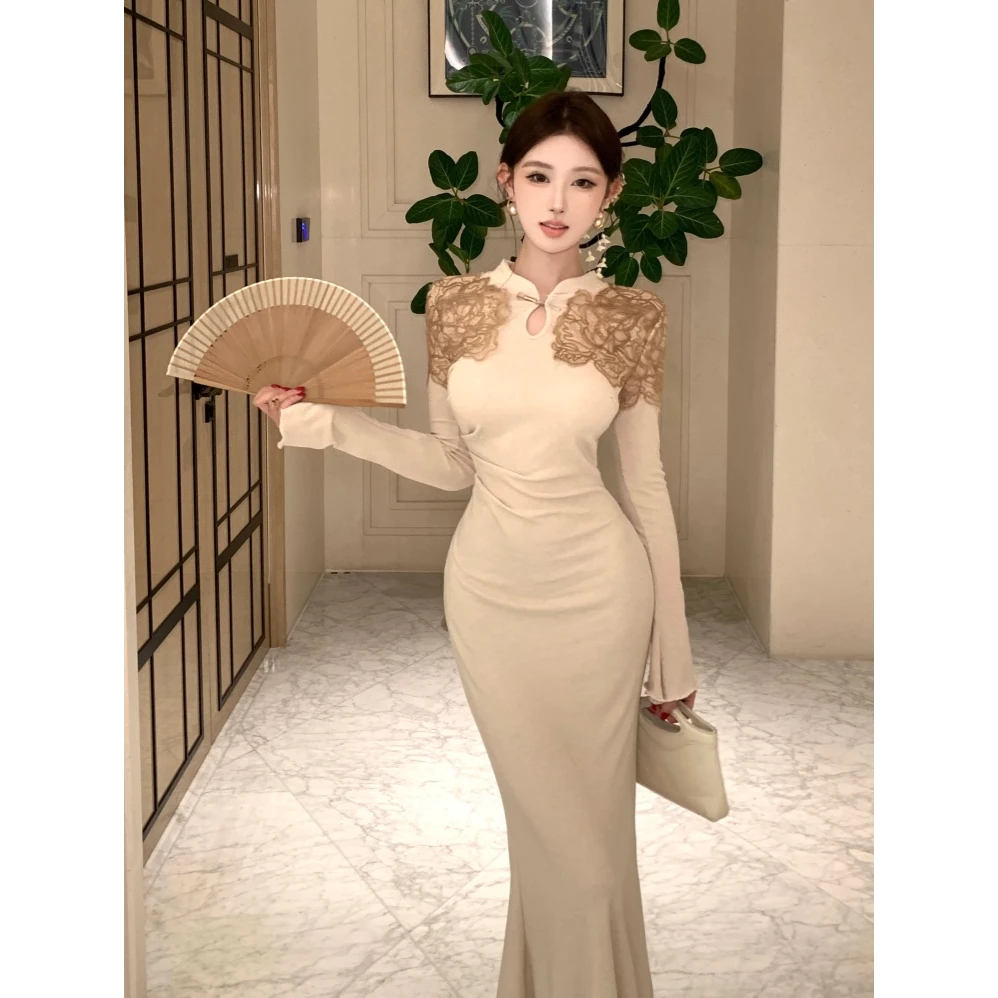 春季新款新中式旗袍针织长袖连衣裙女时尚高级感内搭气质收腰长裙