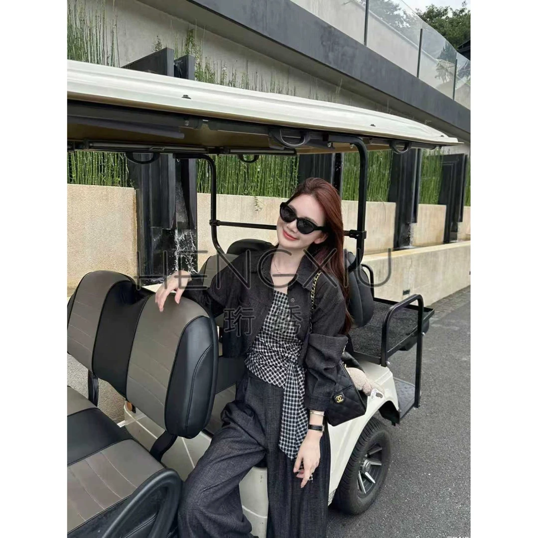 珩绣秋季新款外套格子绑带配高腰阔腿裤三件套9038-1