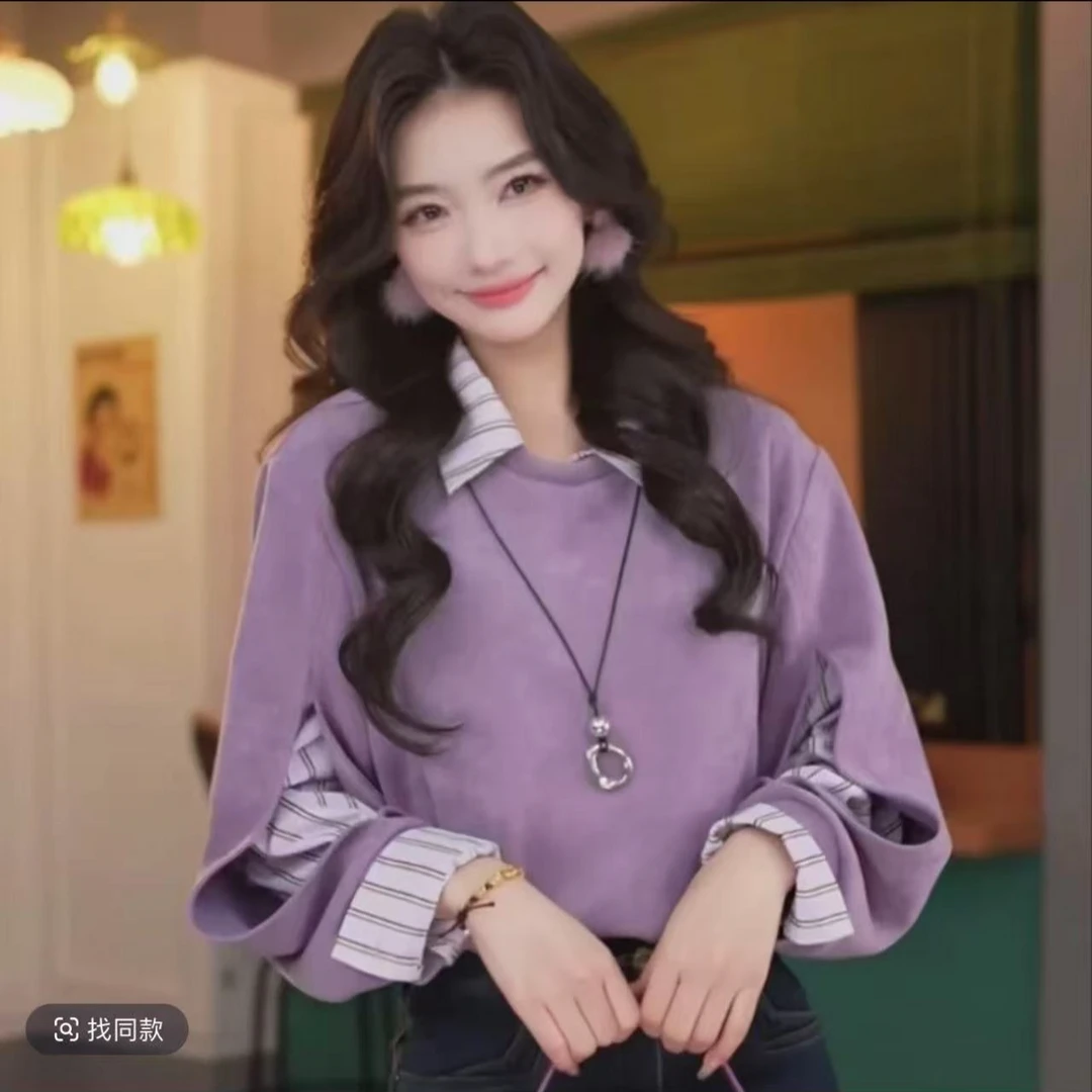港风复古拼接假两件紫色卫衣女款2025新款爆款设计感宽松百搭上衣