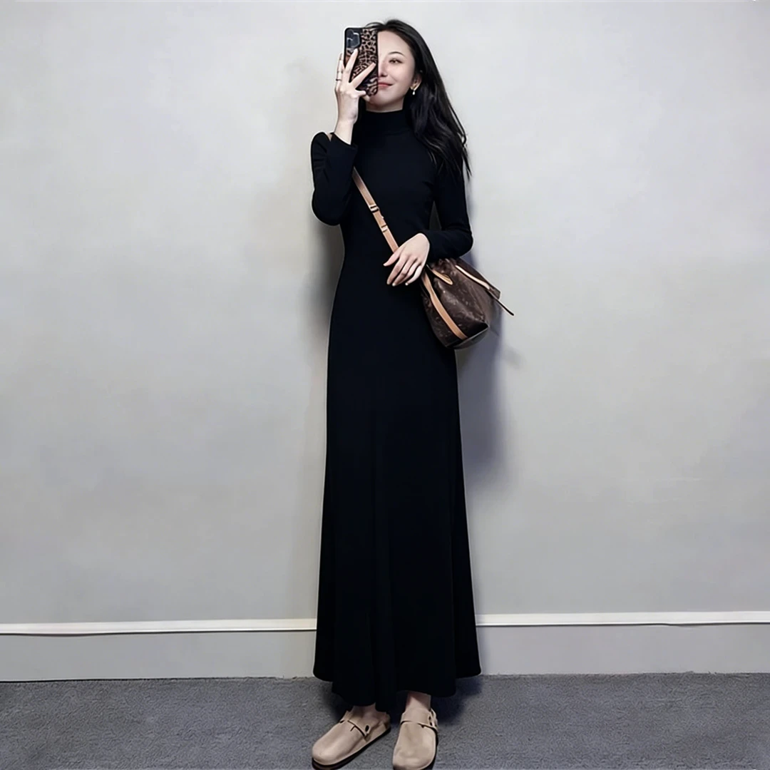 INS CEC黑色连衣裙轻奢高级大方得体御姐轻熟绝美巨好看秋冬裙子