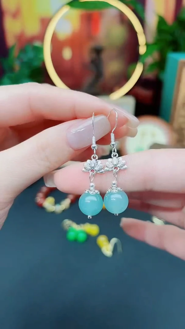 石英质玉（天山翠）银S925镶嵌耳饰237000