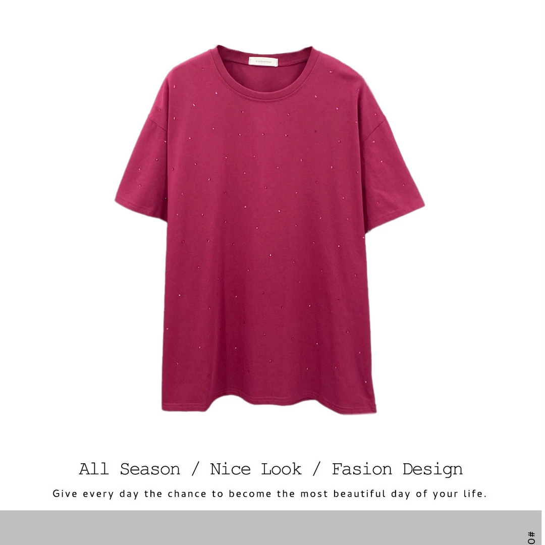 794  纯色小心机烫钻圆领短袖t恤夏季2025新款独特别致上衣#2512