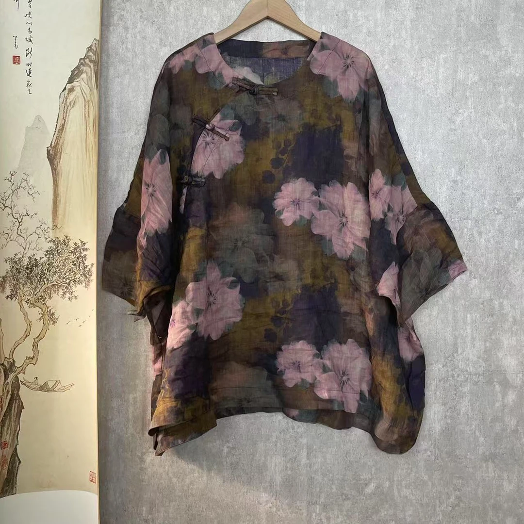 芬雅苎麻圆领斜襟盘扣印花上衣衣长前65后70胸围142