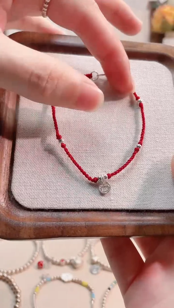 无925银八方吊牌红绳酒红色手链