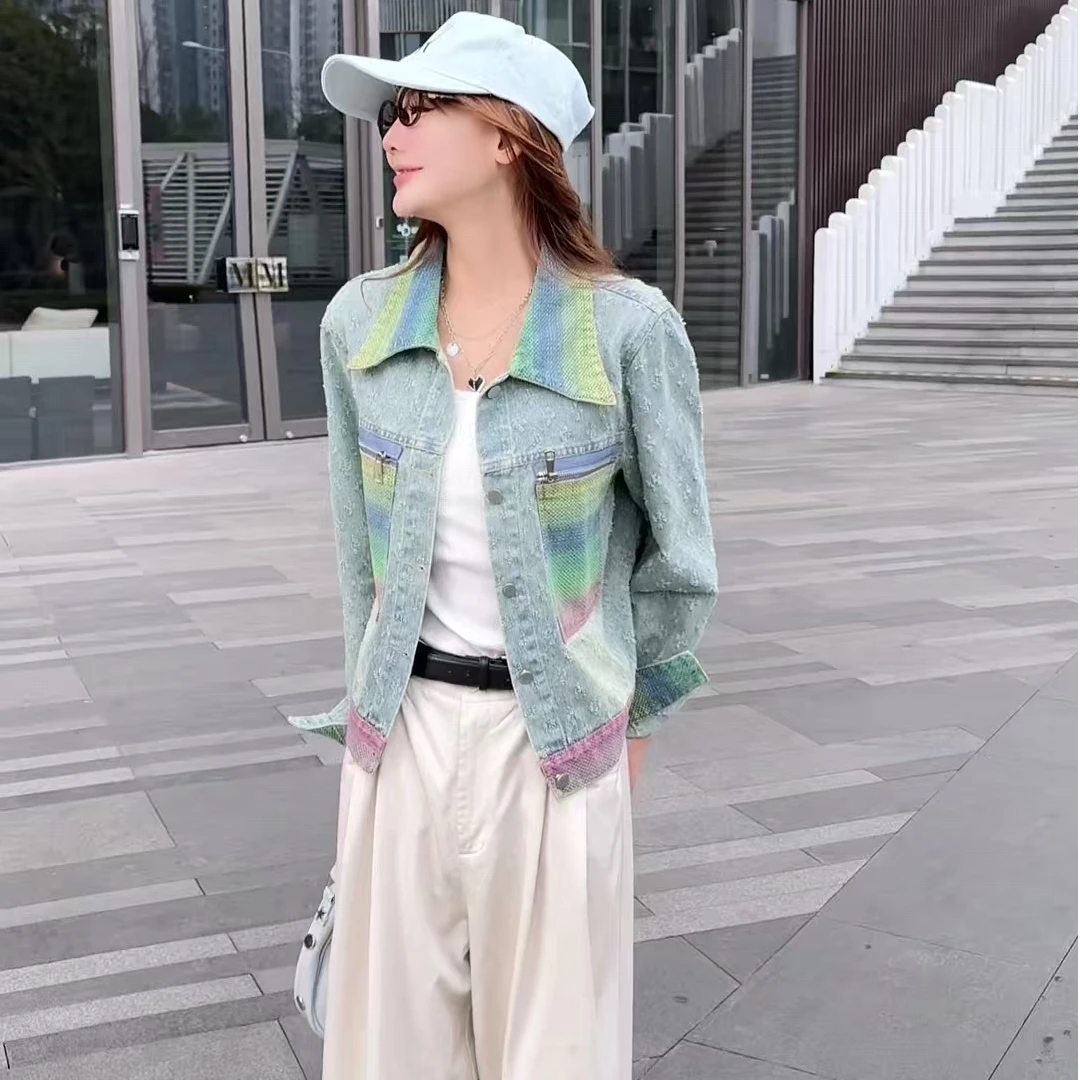 小个子短款破洞拼接复古牛仔短外套女春秋季高级洋气时尚百搭上衣