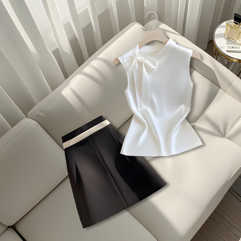 2025夏季新款法式chic精致气质无袖上衣T恤小个子直筒短裙套装女