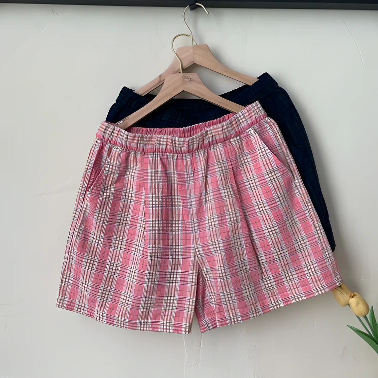 韩版中腰夏季薄款百搭三分裤通用格子微弹力全棉色织口袋短裤女款