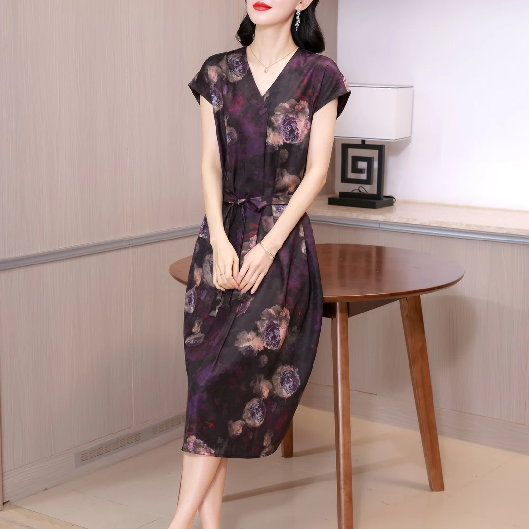 叶蔷紫影裙  时尚轻奢亲肤透气中长款连衣裙10124