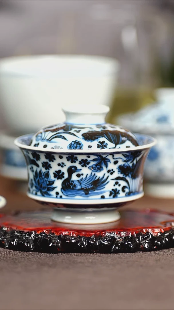 景德镇纯手工纯手绘 鸳鸯吉祥盖碗  容量140