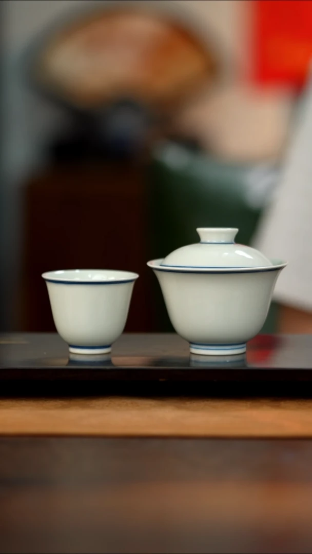 瓷片巧****刚钟家窑素胎柴窑青花盖碗+杯