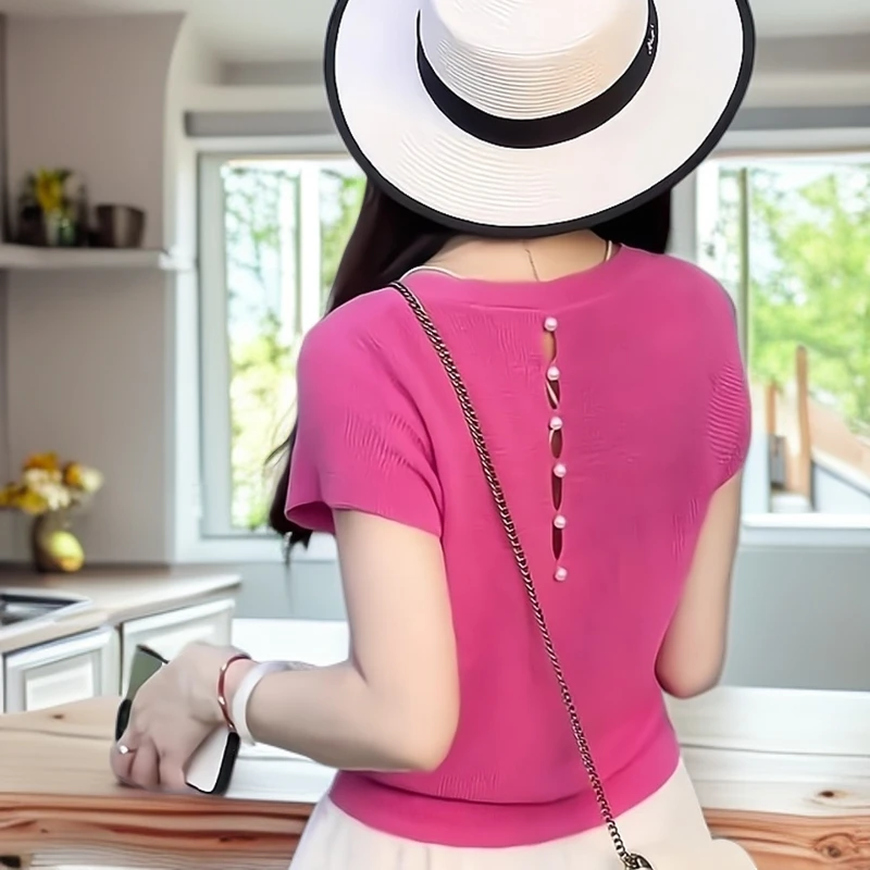 轻熟风后背镂空洋气冰丝针织衫百搭漂亮短袖显瘦上衣毛衣女秋冬