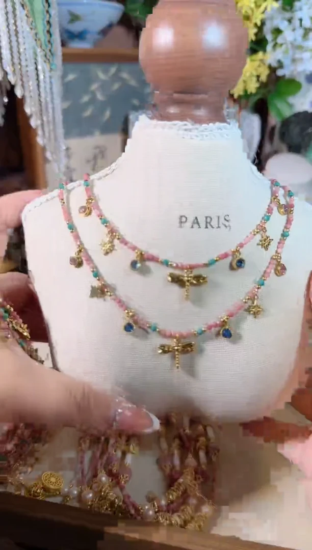 菱锰矿（红纹石）合金项链粉蜻蜓 258