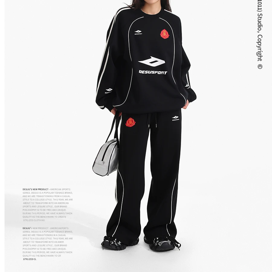 重磅430克银狐绒圆领撞色加绒卫衣运动套装刺绣徽章上衣女