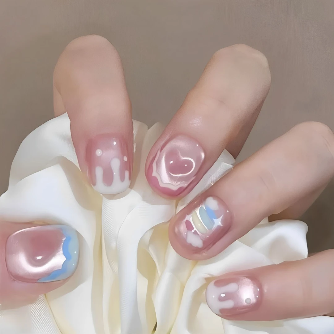 【彩虹蛋糕】法式猫眼多巴胺彩虹少女可爱甜心穿戴甲超短美甲