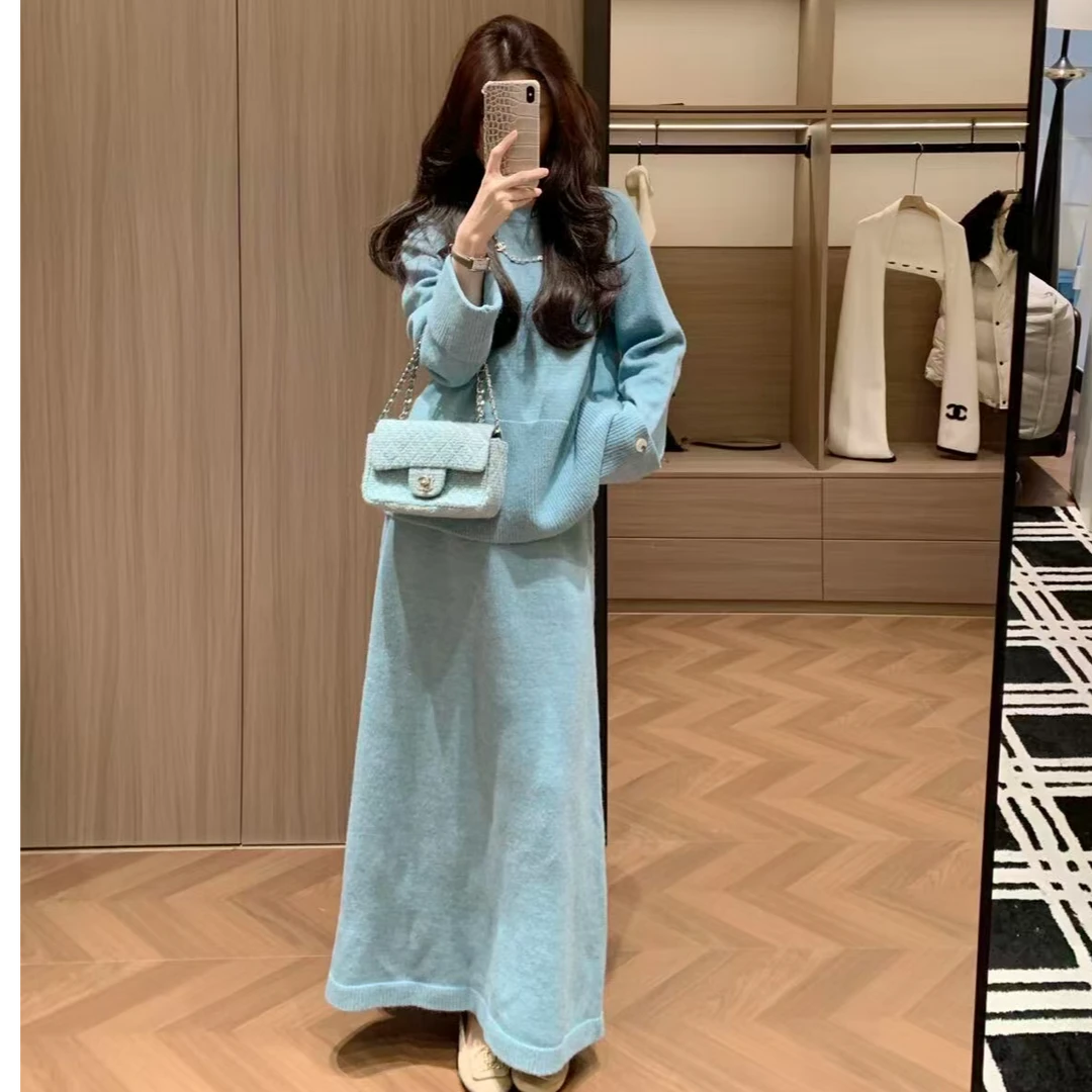 春秋装搭配一整套法式高级感欧货小香风蓝色针织上衣半身裙两件套