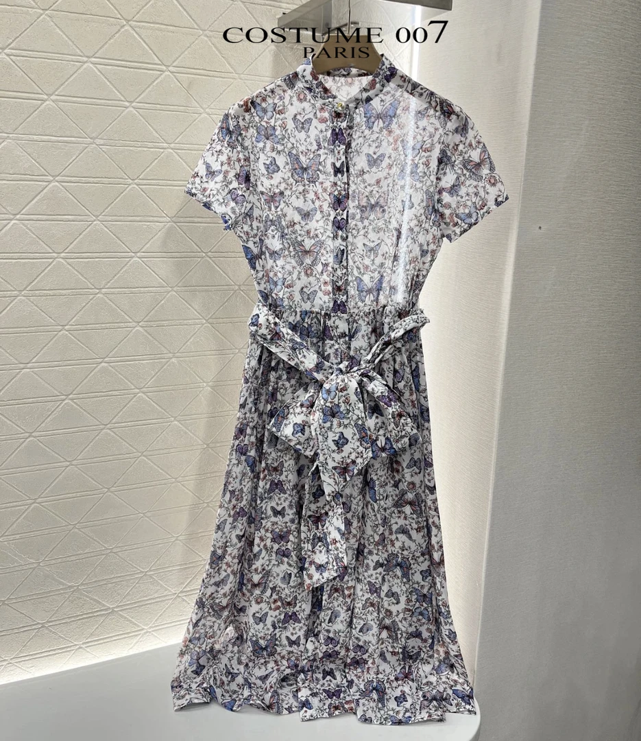 Costume007 25新款度假风高级优雅蝴蝶满印收腰大摆短袖连衣裙