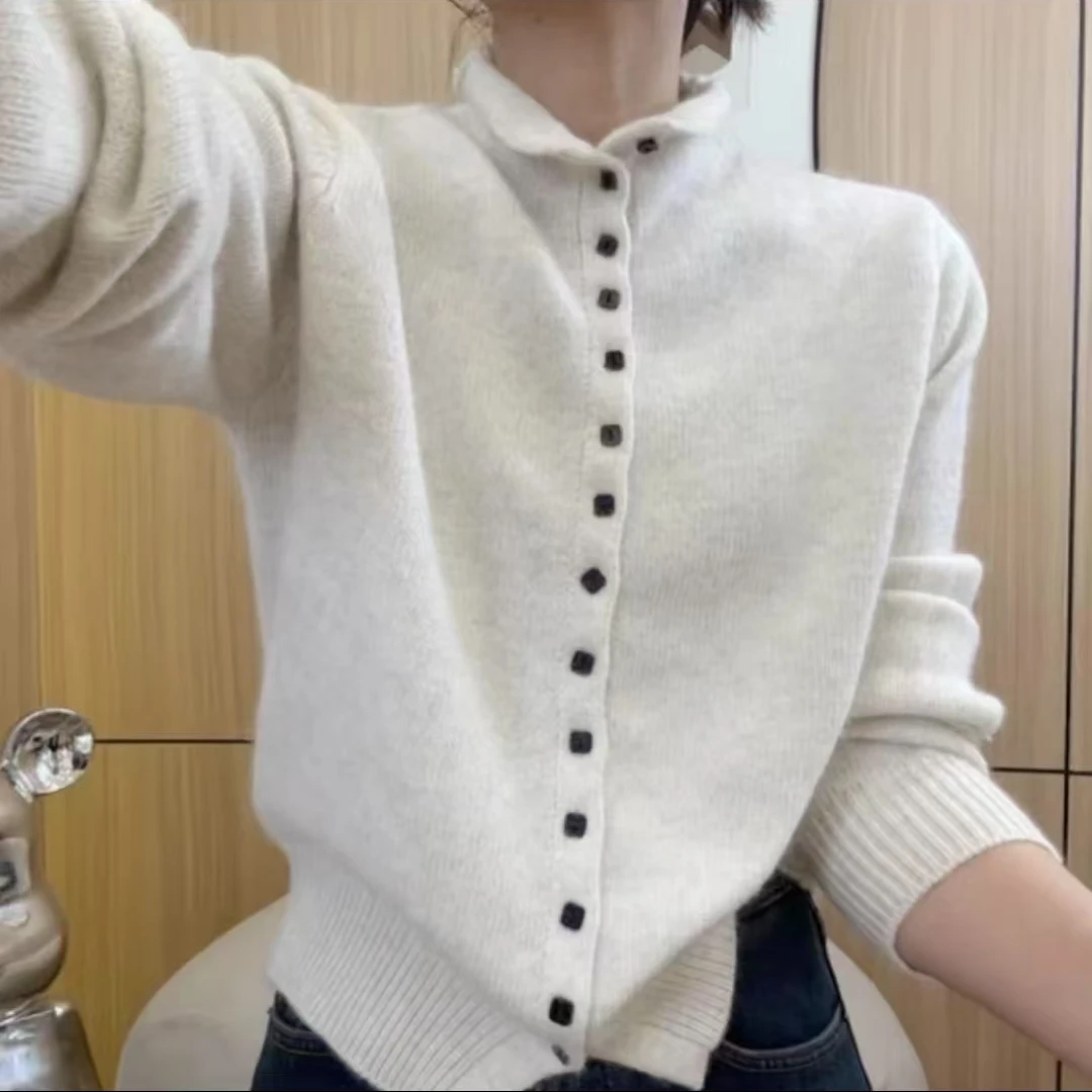 冬季新款时尚百搭加厚纯色半高领单排扣针织长袖开衫韩版休闲上衣