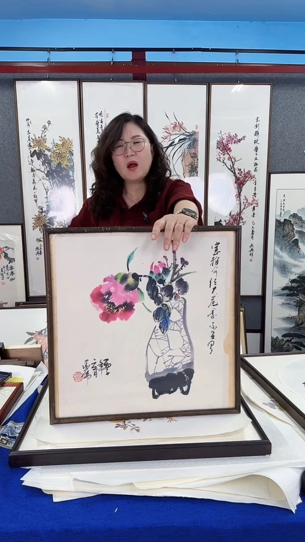 国画实木装裱 牡丹 50*50